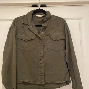 Solitaire Eyelet Embroidered Olive Utility Jacket - Women